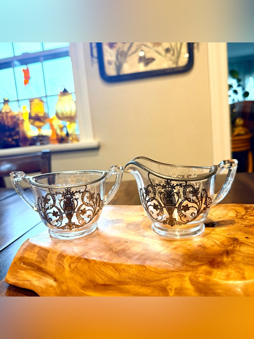 Stunning Vintage Heisey Black & Silver Overlay Pattern Cream & Sugar Serving Set